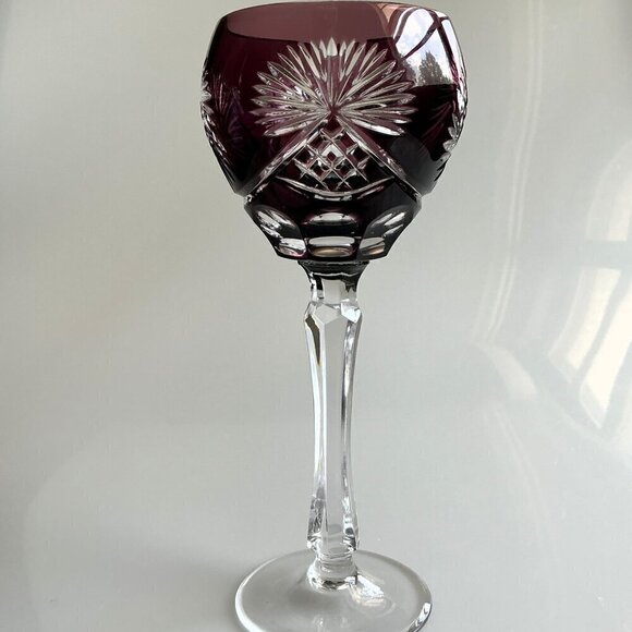 VINTAGE RUBY RED WINE GLASS GOBLET CUT-TO-CLEAR STAR  PINWHEEL PATTERN - Picture 1 of 9